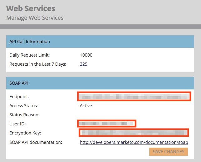 SOAP API section showing Endpoint and User Id and Encryption Key values
